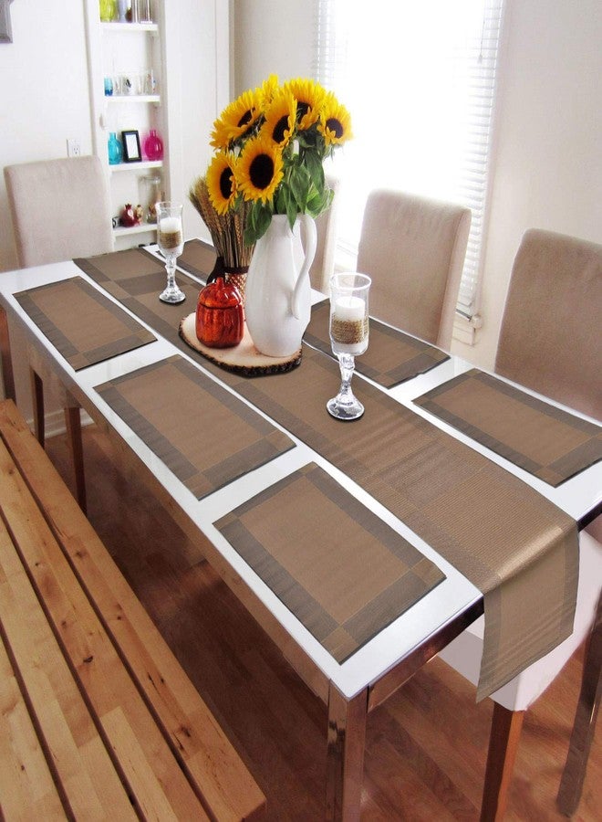 باسكيتي مجموعة من 6 مفارش طاولة من مادة PVC مع مفرش طاولة واحد - مفارش مقاومة للماء وغير قابلة للانزلاق لطاولة الطعام والمطبخ وطاولة القهوة، سهلة التنظيف، تصميم بني أنيق، متينة وواقية (بني) - Image 3